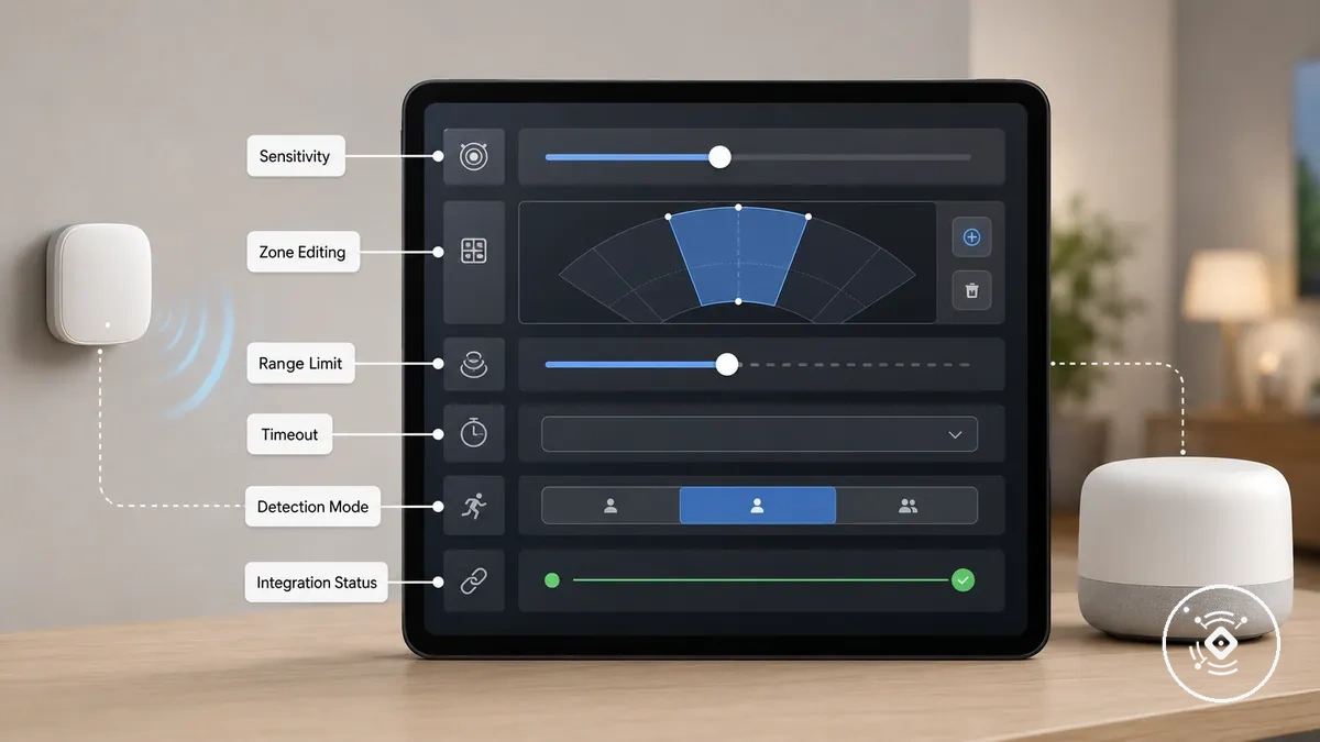 App-Steuerungen für mmWave-Präsenzsensoreinstellungen mit Empfindlichkeit, Zonen, Reichweite, Zeitüberschreitung und Integrationsstatus