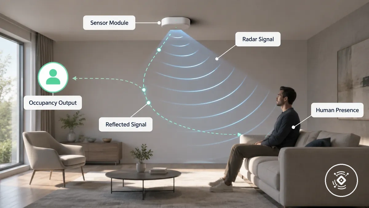 Beschriftetes Diagramm, das zeigt, was ein mmWave-Präsenzsensor ist und wie er mit menschlicher Präsenz zusammenhängt.