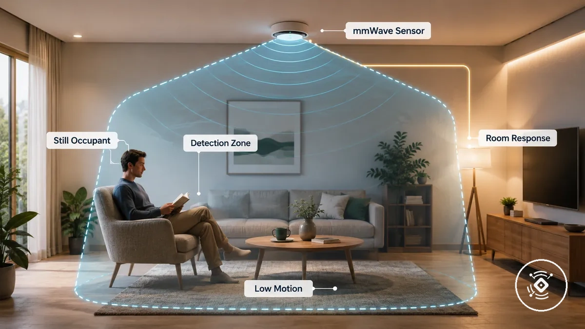 mmWave-Sensor erkennt sitzende Person mit Erkennungszone und Raumreaktion