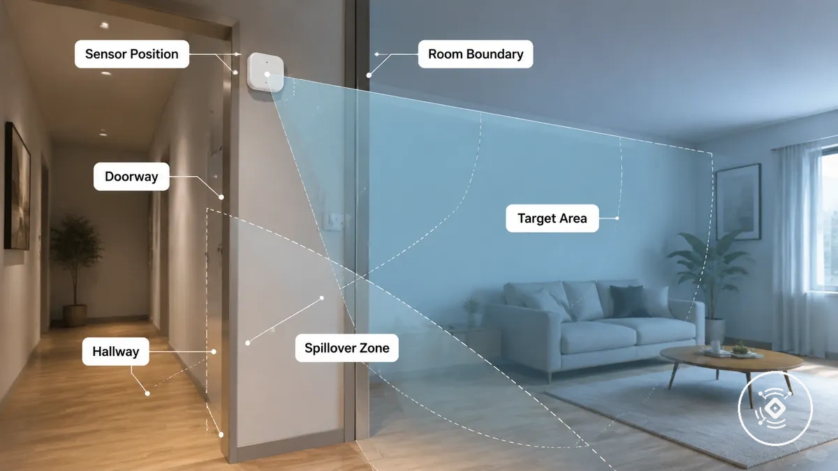Diagram showing doors hallways and adjacent-room boundaries for mmWave sensor placement