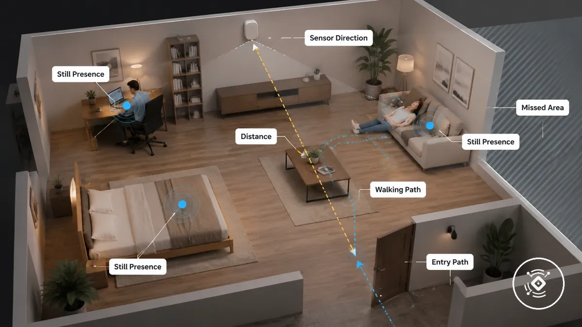 Room diagram showing still presence points and movement paths for mmWave sensor placement