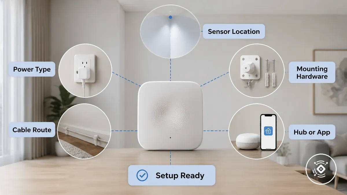 Checklist showing a presence sensor, power source, cable route, mounting bracket, and smart-home hub or app