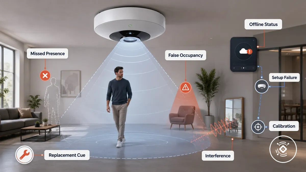 Common mmWave presence sensor symptom patterns in a room and app status view