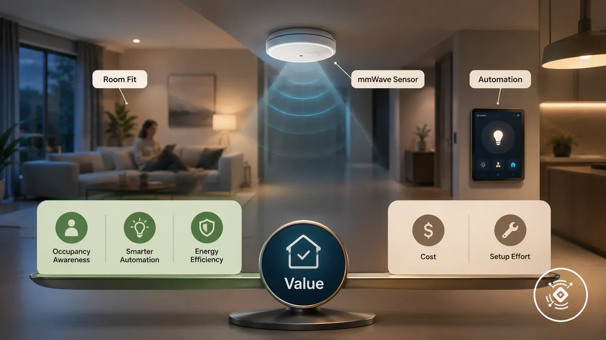 mmWave presence sensor value criteria diagram showing cost, benefit, setup effort, and room fit factors