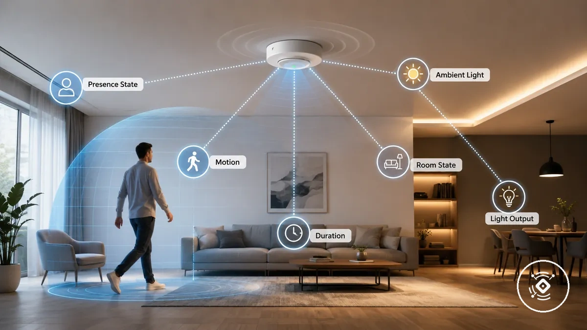 MmWave sensor signals for lighting automation including presence, motion, ambient light, and room state