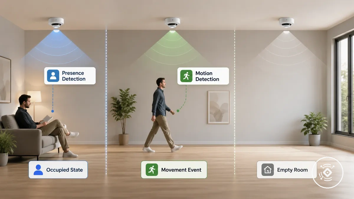 Diagram showing presence detection and motion detection boundaries for seated, walking, and empty-room scenarios