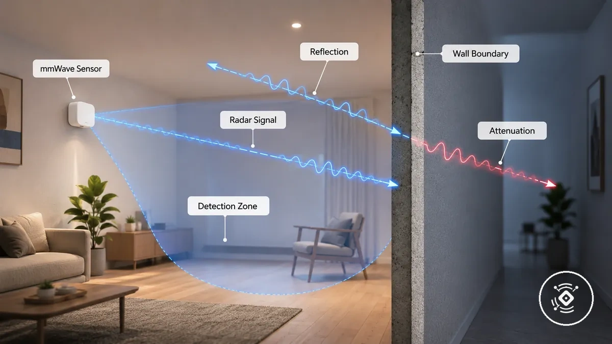 Diagram of a mmWave presence sensor signal interacting with an interior wall