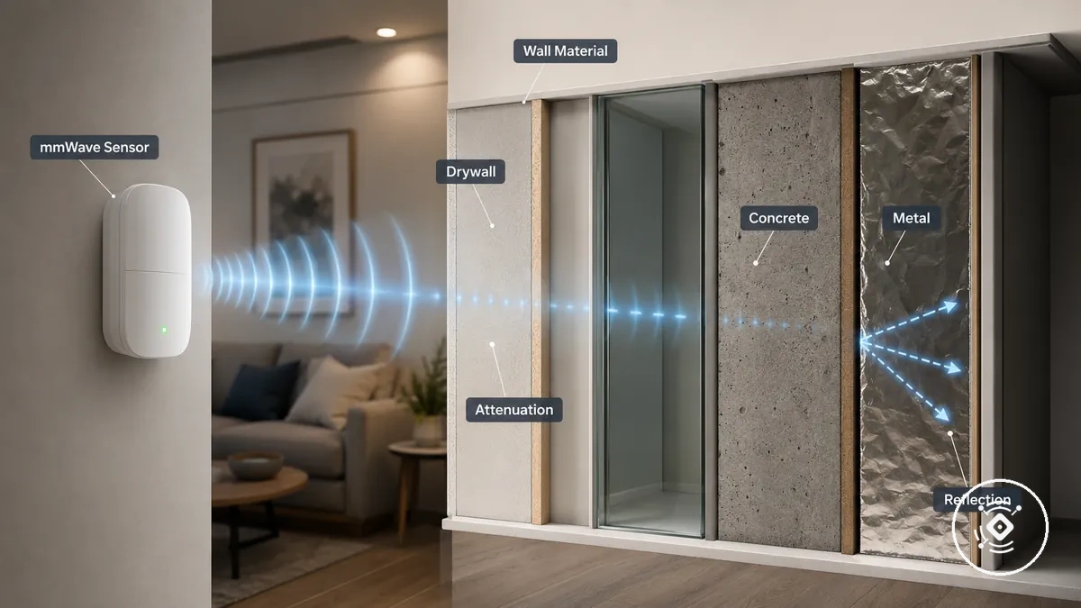 Comparison graphic showing how common wall materials affect mmWave sensor detection