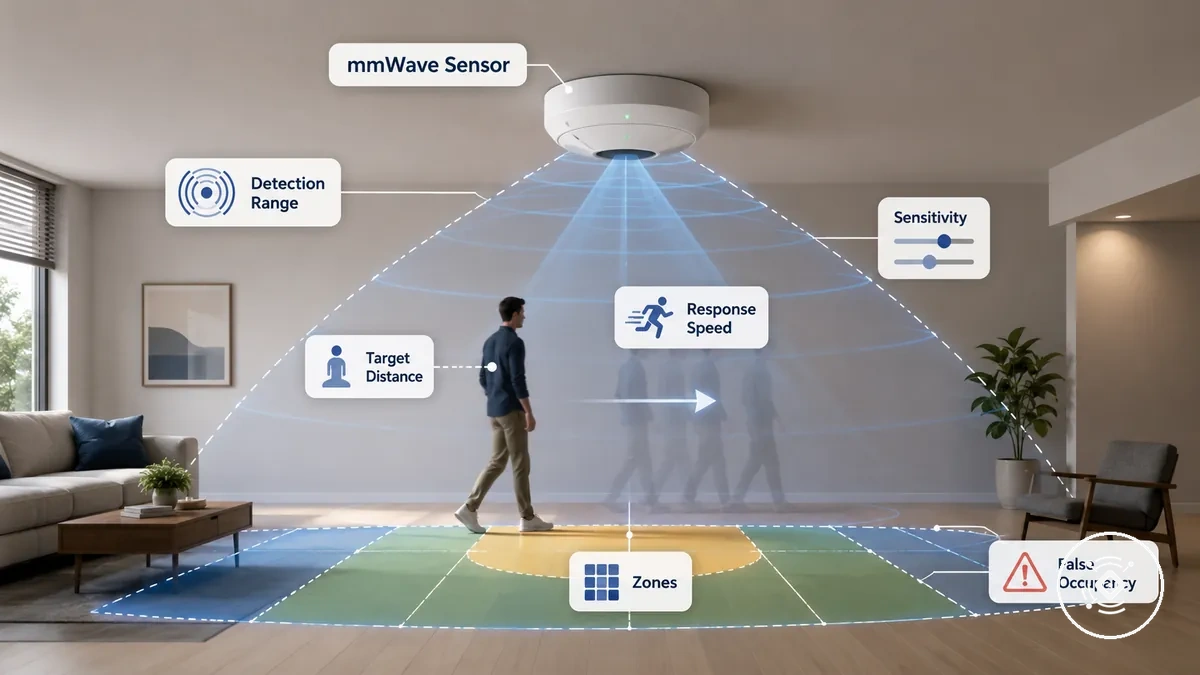 Diagram showing a mmWave presence sensor with detection performance criteria including range zones and sensitivity