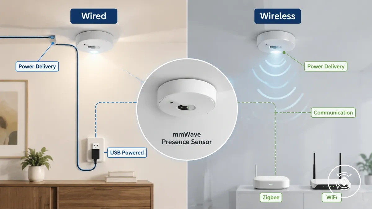 Wired and wireless mmWave presence sensors showing different power delivery and communication paths