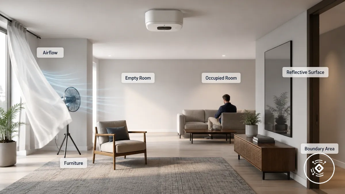 Condiciones de la sala antes de la calibración del sensor de presencia mmWave que muestran muebles, objetos en movimiento, superficies reflectantes y áreas límite