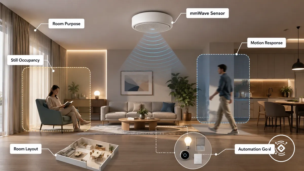 Diagrama que muestra un sensor de presencia mmWave adecuado a diferentes usos de la sala y necesidades de detección