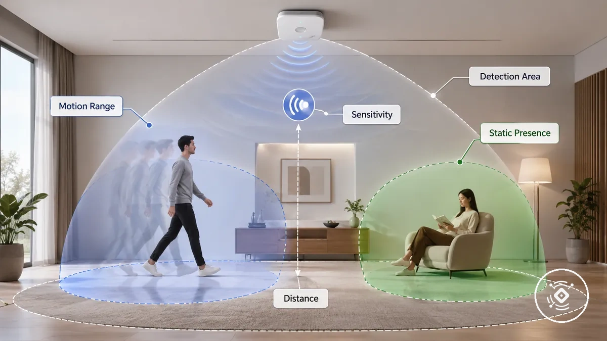Diagrama de un sensor de presencia mmWave que compara el alcance de movimiento y el alcance de presencia estática en una sala