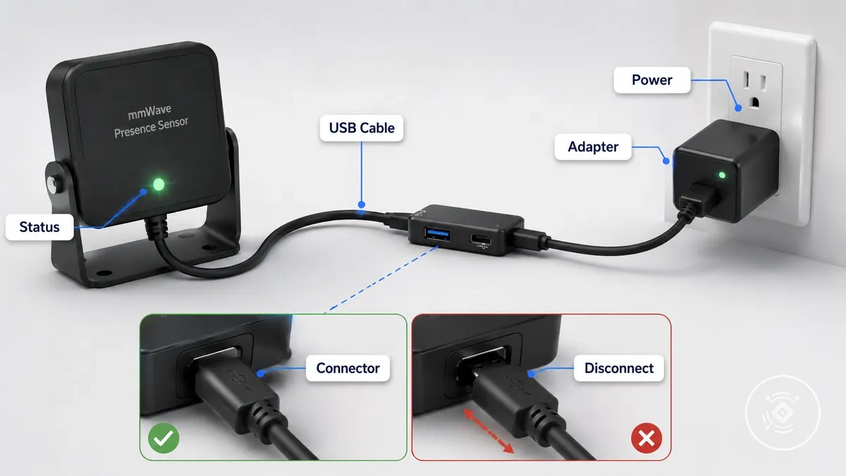 Comprobaciones de alimentación, cable y conector del sensor de presencia mmWave