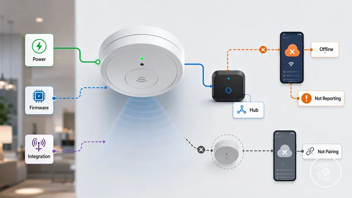 Diagrama de diagnóstico del sensor de presencia mmWave fuera de línea, sin informar y sin emparejar