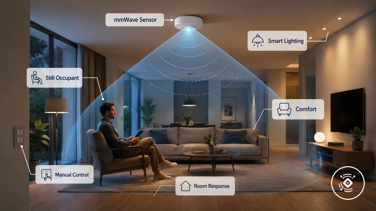 Avantages du capteur de présence mmWave dans une pièce domotique avec détection d occupation immobile et réponse d automatisation