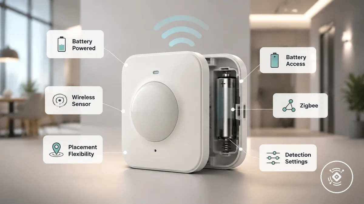 Capteur de présence mmWave sur batterie montrant l'alimentation sans fil et les considérations de maintenance