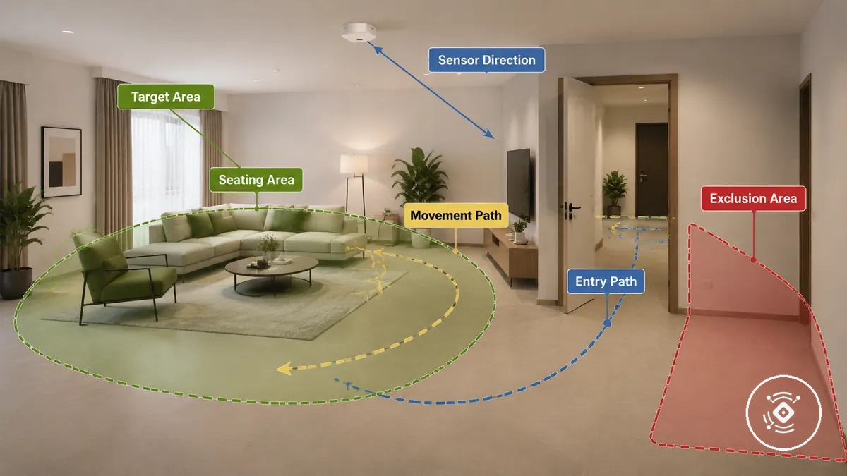 Plan de pièce annoté montrant la zone cible pour le placement du capteur de présence mmWave