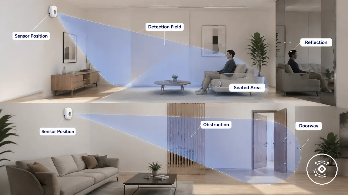 Diagramme montrant comment le placement du capteur mmWave modifie la couverture de détection de la pièce