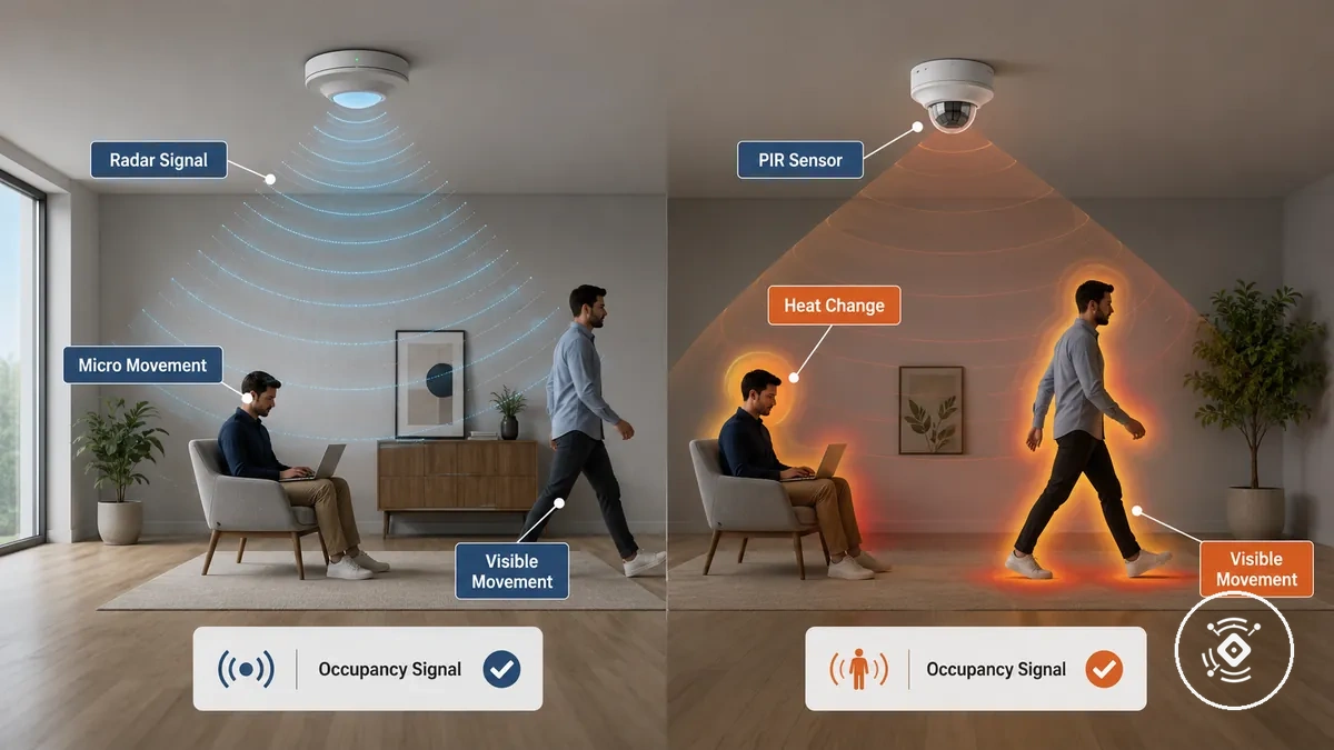 Illustration comparant la détection de présence active par radar et la détection de mouvement passive par infrarouge avec des occupants immobiles et en mouvement