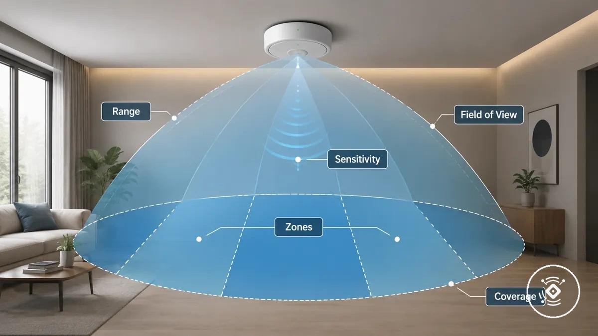 Schéma du capteur de présence mmWave montrant les zones de portée et les zones de couverture de sensibilité dans une pièce