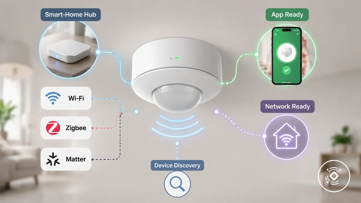 Exemple annoté montrant un hub domotique, une application, une connexion réseau et la préparation du protocole pour l appairage du capteur