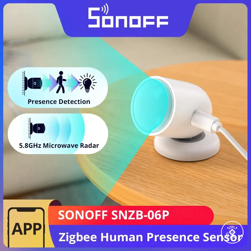 Sensor Zigbee de presença humana com detecção de luz mostrado como dispositivo radar para casa inteligente
