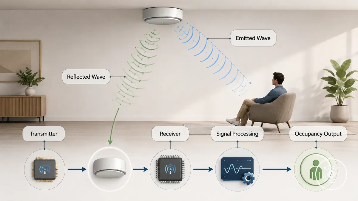 Diagrama de processo mostrando como o radar mmWave detecta a presença humana por meio de sinais refletidos.