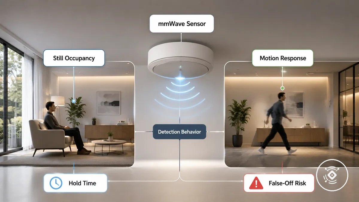 Gráfico de comparação mostrando um sensor de presença mmWave para ocupação parada e resposta a movimento em um ambiente