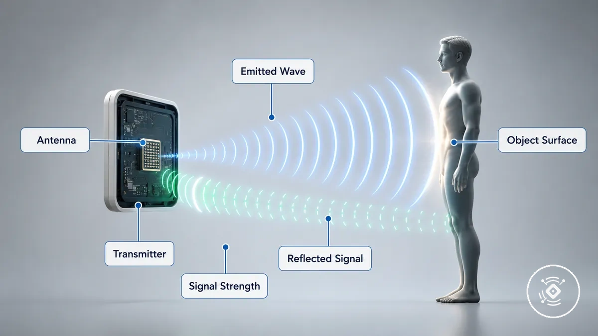 Diagrama de ondas de rádio emitidas e sinais refletidos de um sensor de presença mmWave.