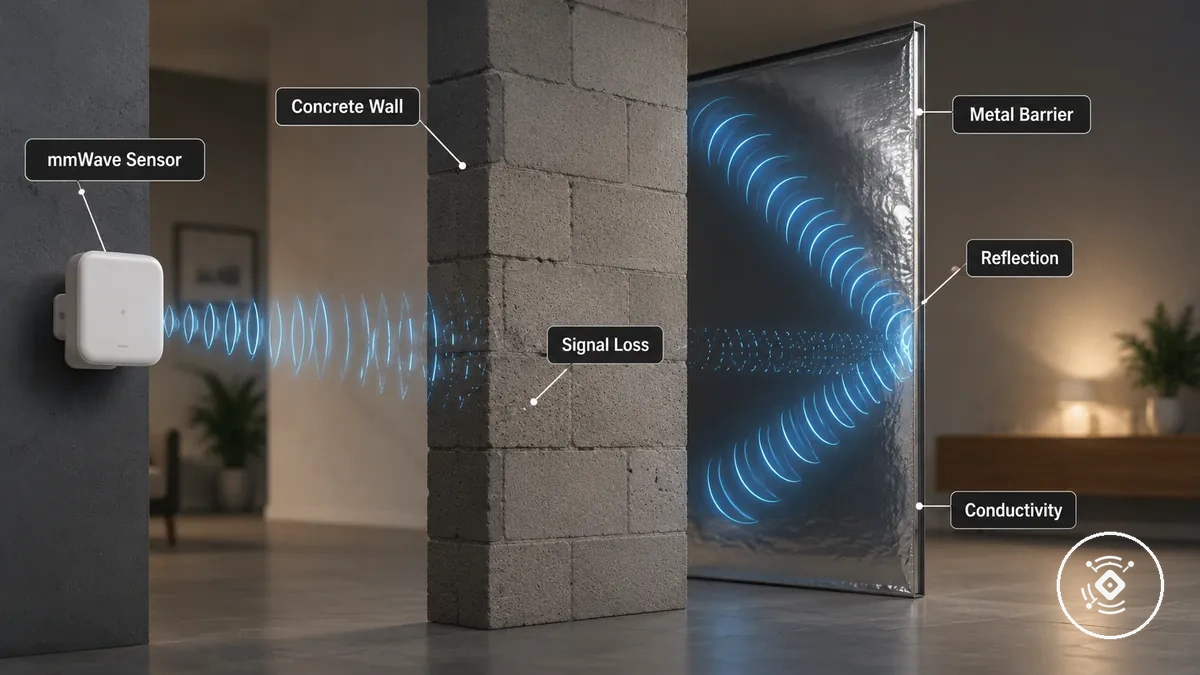 Gráfico comparativo de paredes densas e barreiras metálicas reduzindo ou refletindo sinais do sensor mmWave