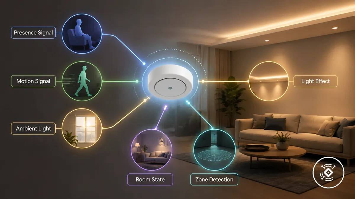 Entradas anotadas do sensor mmWave para presença, movimento, luz ambiente e estado do ambiente
