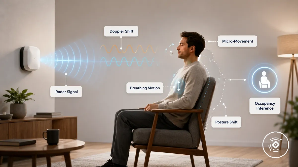 Bir mmWave varlık sensörü tarafından Doppler kaymaları ve mikro-hareket algılamanın açıklamalı çizimi.