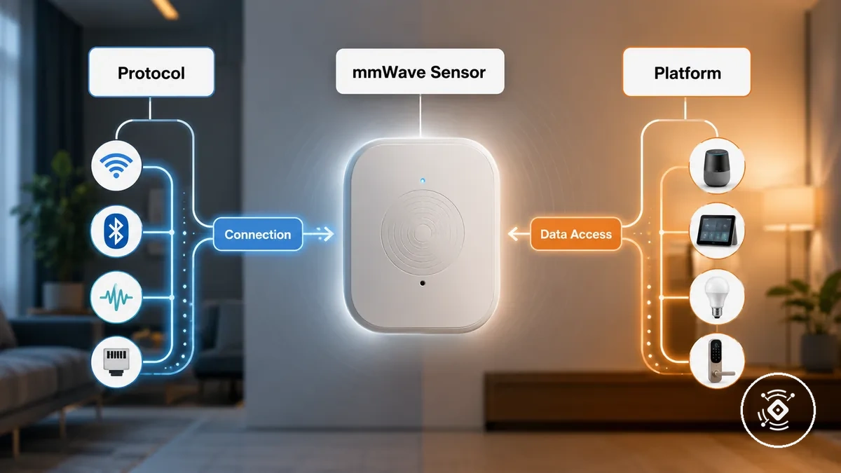 mmWave varlık sensöründe bağlantı protokolü ile akıllı ev platformu desteği arasındaki farkı gösteriyor