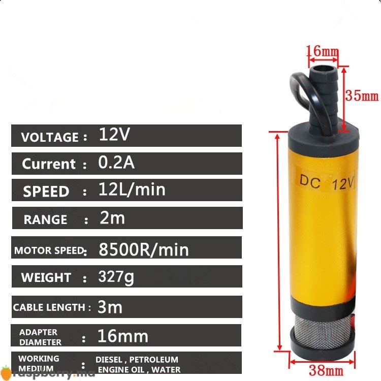Pompe électrique DC submersible 12V pour l'eau, huile ou carburant,  coquille d'acier inoxydable, 12L / min