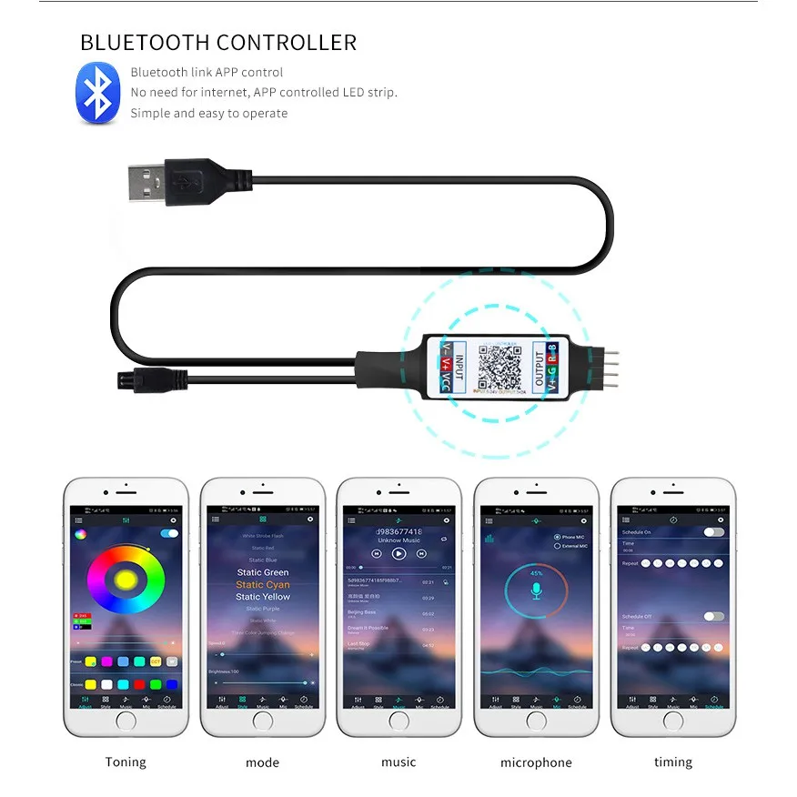 Bande LED COB RVB USB 5V - 3 Mètres, 576 LED/m - Contrôle Via Appli Bluetooth - Flexible, Autocollante - Pour Déco TV, Chambre, Fêtes