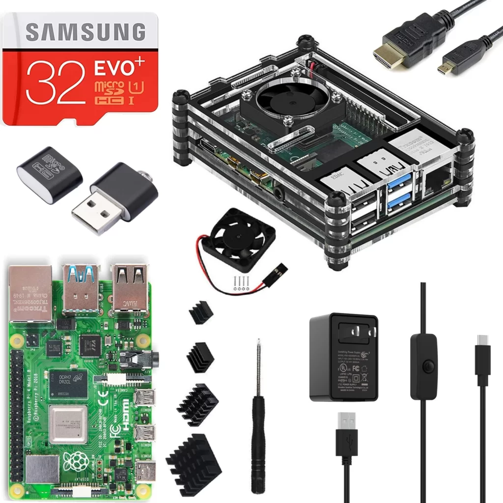 Kit Complet Raspberry Pi 4 4 Go - Carte 32 Go, Alimentation 5V 3A, Boîtier, Ventilateur, Câbles HDMI, Dissipateurs