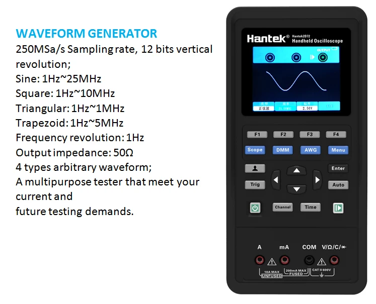 Hantek 2C72 70MHZ Multimeter High Precision Handheld Signal Source Digital Oscilloscope